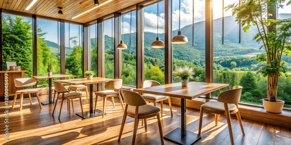 Fototapeta premium Minimalist coffee shop boasts wooden furniture, a landscape view, and a serene atmosphere.