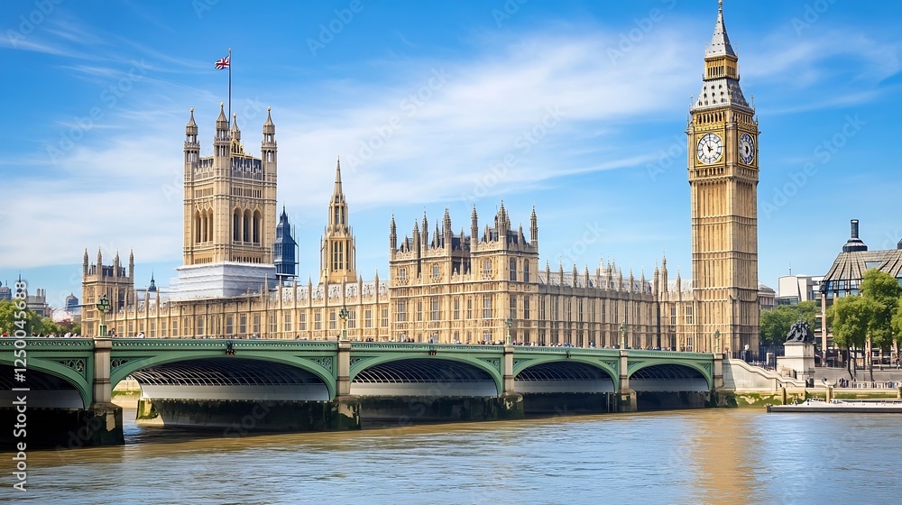 Iconic Big Ben and Houses of Parliament Beside the Thames River in London : Generative AI Iconic Big Ben and Houses of Parliament Beside the Thames River in London : Generative AI