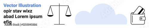 Scales of justice icon, cloud shape, and wallet with cards. Ideal for legal advice, tech storage, financial management, online security, data backup, e-commerce business landing page