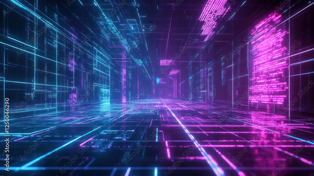 Abstract futuristic cyberpunk gaming background with digital retro glowing blue and purple neon lines wallpaper AI generated image Abstract futuristic cyberpunk gaming background with digital retro glowing blue and purple neon lines wallpaper AI generated image