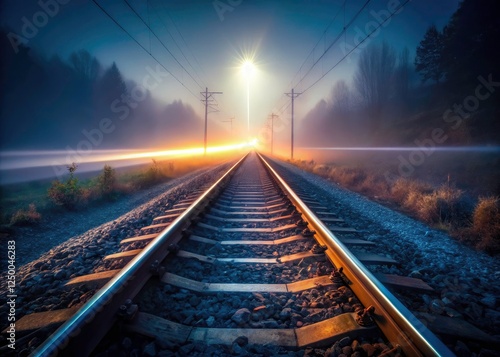 Mysterious, vanishing railway tracks disappear into the night, a long exposure capturing surreal, forgotten beauty. photo