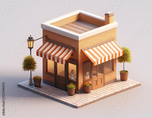 3D charming brick storefront with orange and white striped awnings sits on a cobblestone street