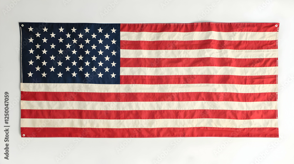 Fototapeta premium Full-detail USA flag hanging vertically on a clean white background with sharp visuals
