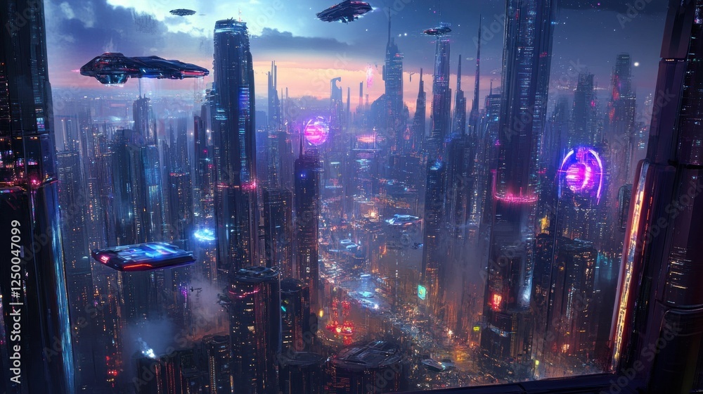 Fototapeta premium A futuristic city skyline with towering skyscrapers, glowing holograms, and flying vehicles under a neon-lit sky, cyberpunk atmosphere wallpaper AI generated image
