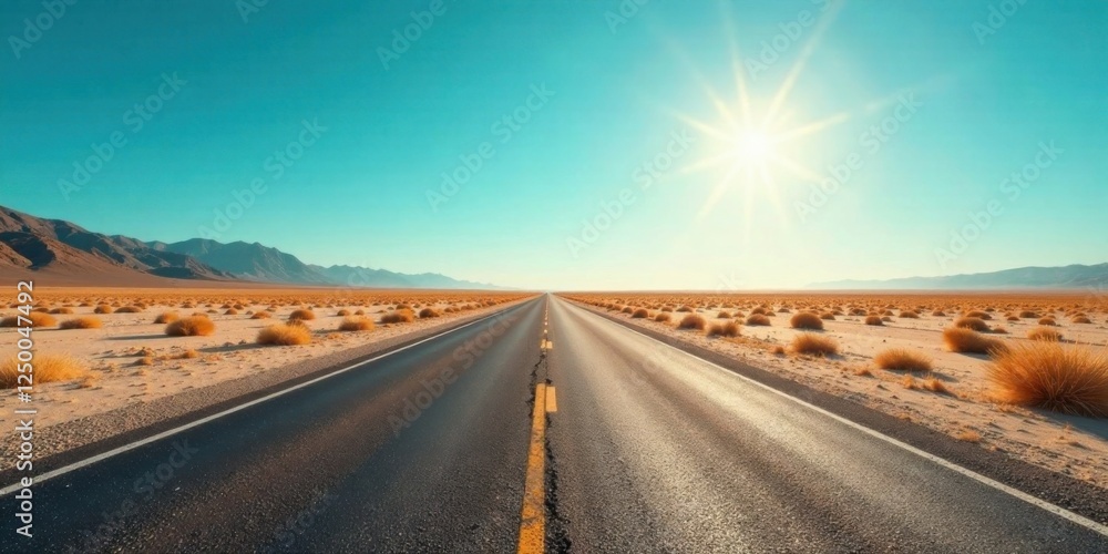 Fototapeta premium A sun-drenched highway cuts through a vast, arid landscape under a brilliant blue sky, offering a sense of boundless journey and open road adventure