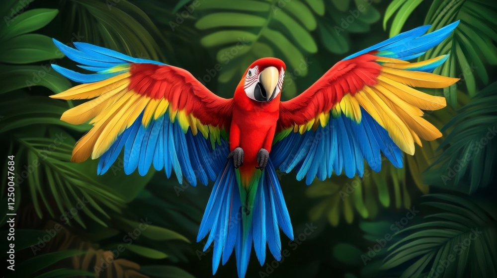 Fototapeta premium Vibrant Scarlet Macaw in Lush Tropical Forest Background