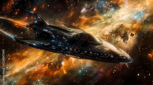Fototapeta Naklejka Na Ścianę i Meble -  A sleek spaceship travels through a vibrant cosmic landscape filled with stars and swirling colors, symbolizing adventure and exploration in space. Interstellar Cultures. Illustration