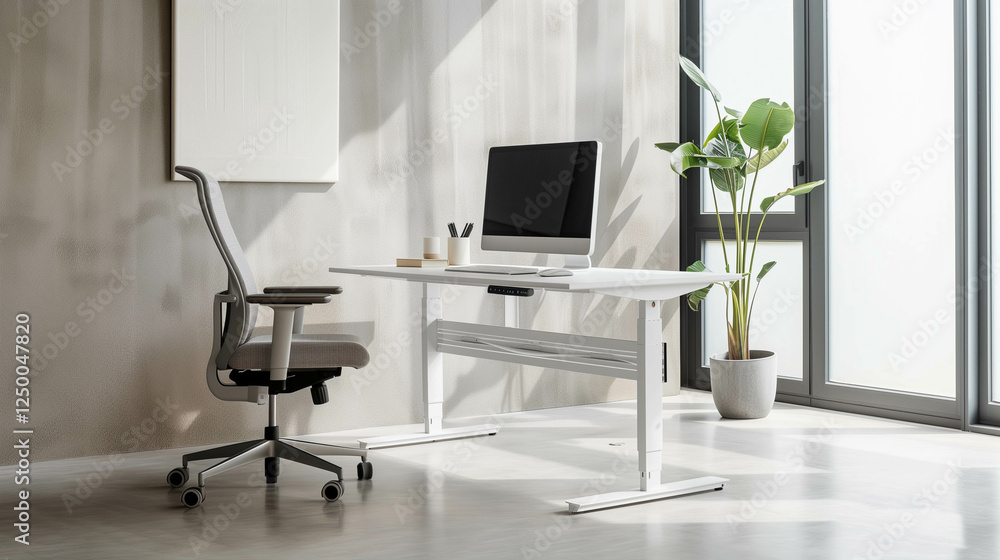 Modern minimalist home office setup with a desk, ergonomic chair, and natural light Modern minimalist home office setup with a desk, ergonomic chair, and natural light