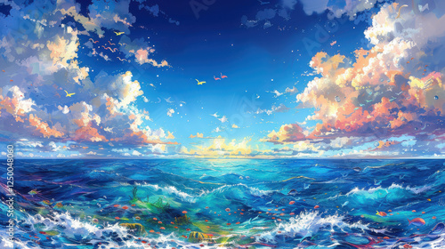 serene ocean view with vibrant colors, featuring waves, clouds, and bright sky. scene evokes sense of calm and beauty