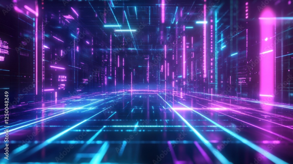 Abstract futuristic cyberpunk gaming background with digital retro glowing blue and purple neon lines wallpaper AI generated image Abstract futuristic cyberpunk gaming background with digital retro glowing blue and purple neon lines wallpaper AI generated image