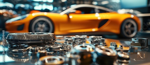 Close-up of Car Parts with Blurred Orange Sports Car Background