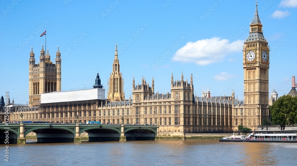 Fototapeta premium Stunning View of the Houses of Parliament and Big Ben in London Against a Clear Blue Sky : Generative AI