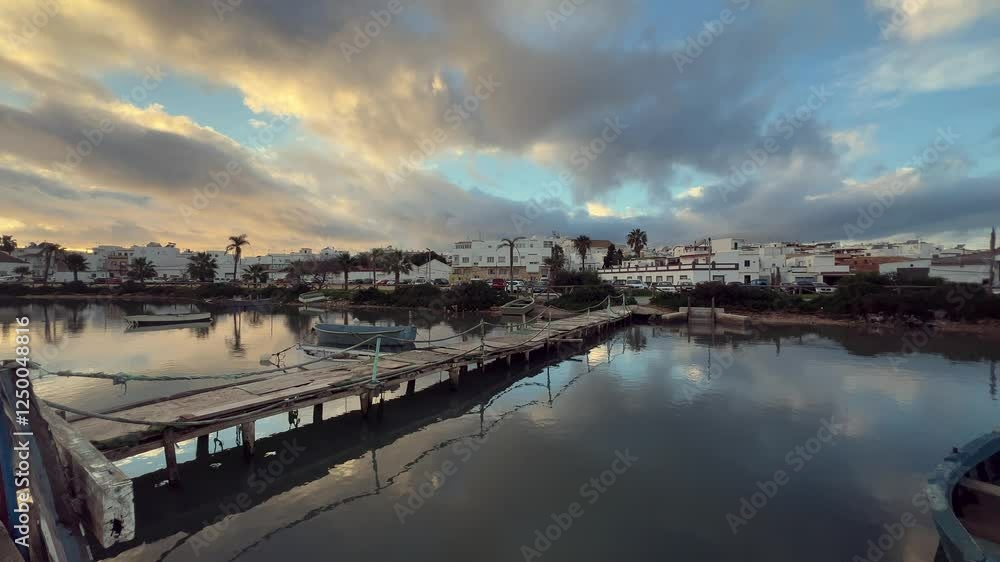 A panorama of a small harbor in the Atlantic Ocean with moving clouds against the sunset. A panorama of a small harbor in the Atlantic Ocean with moving clouds against the sunset.