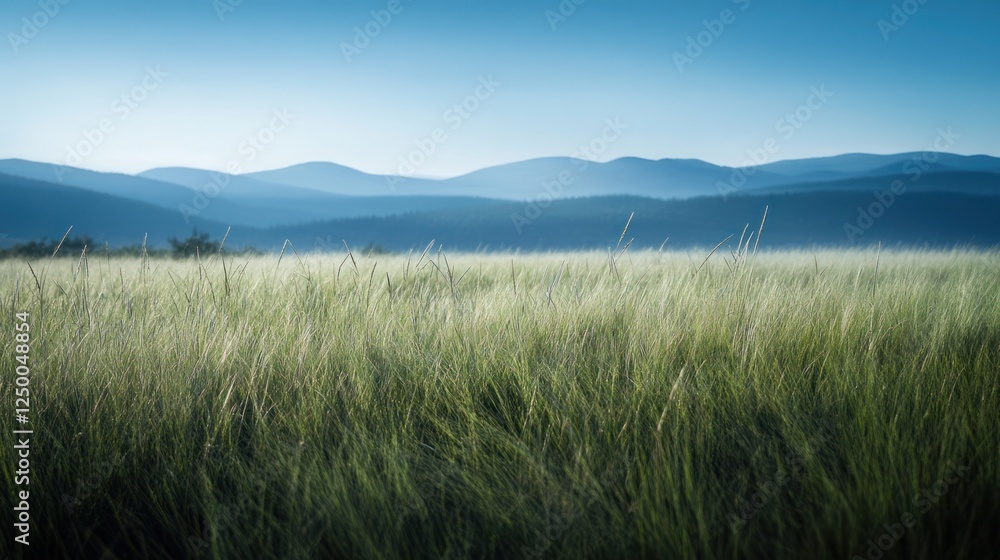 Fototapeta premium Serene grassy field, mountains backdrop, peaceful morning, nature wallpaper