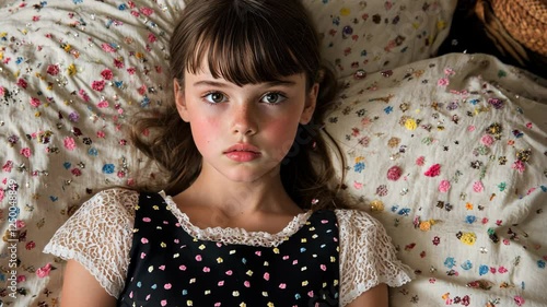 Child relaxing on a colorful bedspread, showcasing innocence and depth in an intimate indoor setting
