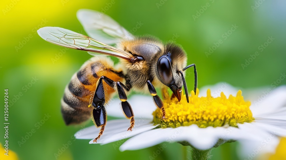 Close-Up of Honeybee Collecting Pollen from White Daisy Flower Close-Up of Honeybee Collecting Pollen from White Daisy Flower