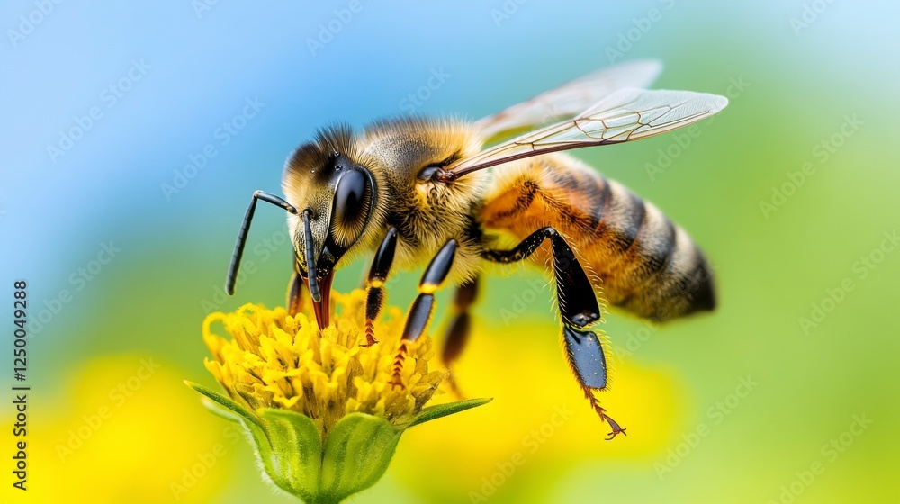 Close-Up View of Honey Bee Pollinating Bright Yellow Flower Close-Up View of Honey Bee Pollinating Bright Yellow Flower