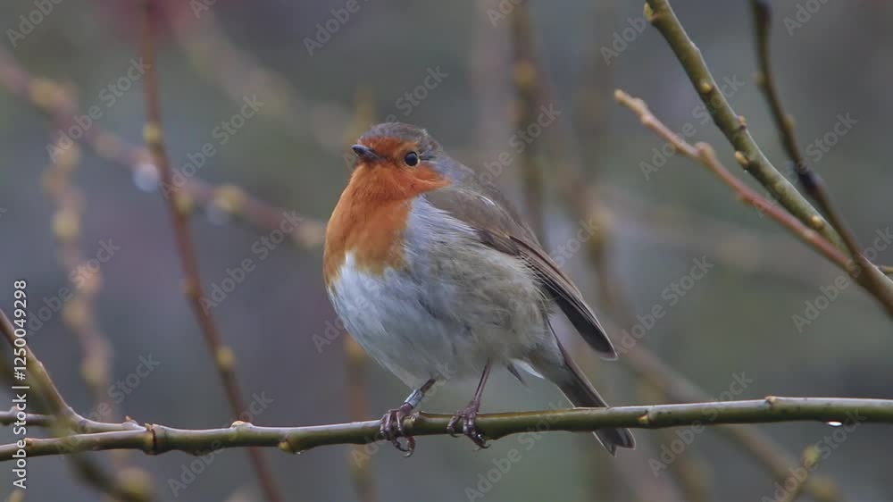 A Robin, Erithacus rubecula, sitting in a tree in late Winter. UK A Robin, Erithacus rubecula, sitting in a tree in late Winter. UK