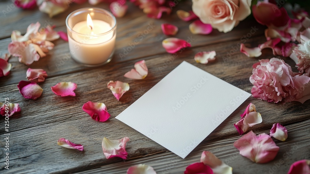 Blank white card placed on the table were strewn with delicate flower petals, with softly lit candles in the background emitting a warm glow wallpaper AI generated image Blank white card placed on the table were strewn with delicate flower petals, with softly lit candles in the background emitting a warm glow wallpaper AI generated image