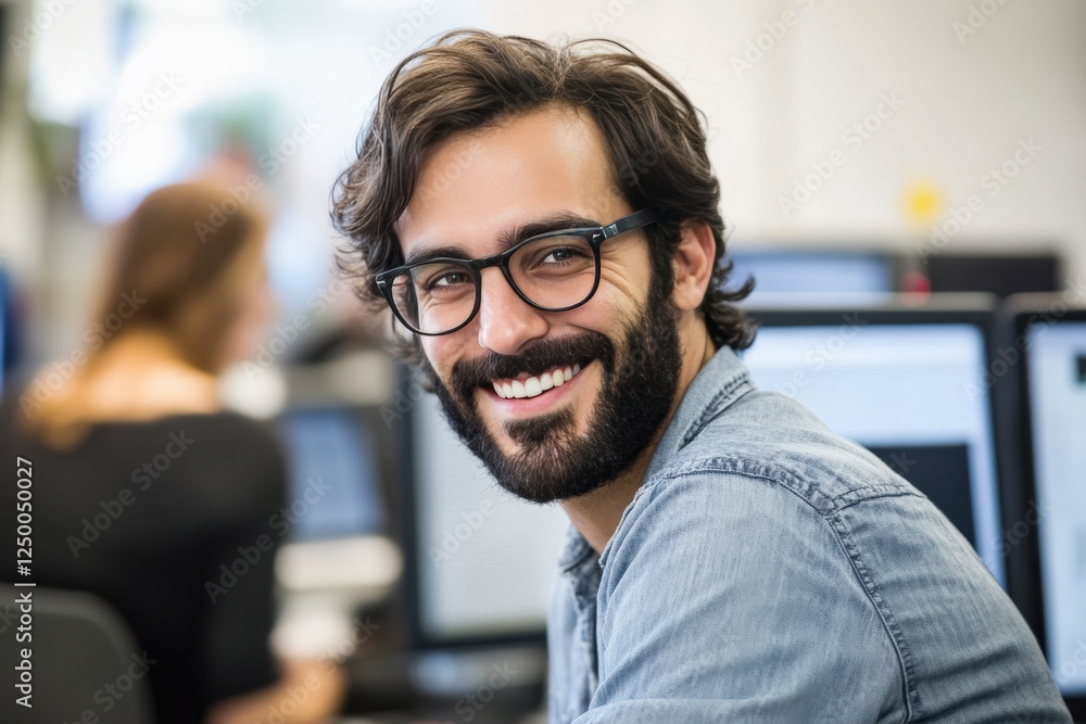 Confident young man smiles in modern office environment with computer screens visible Confident young man smiles in modern office environment with computer screens visible