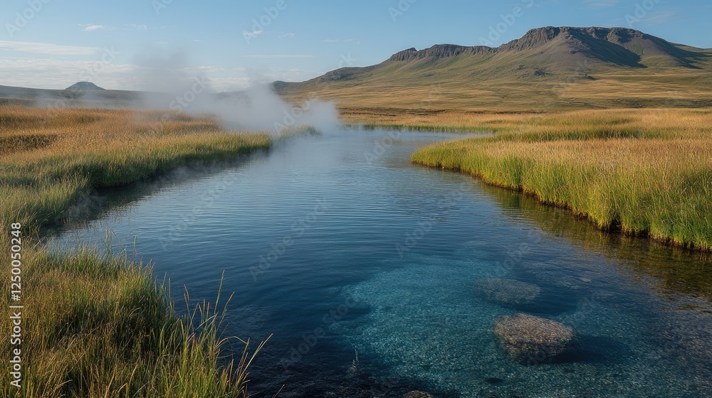 Serene river flowing through lush green fields with mountains in the background under a clear sky Serene river flowing through lush green fields with mountains in the background under a clear sky