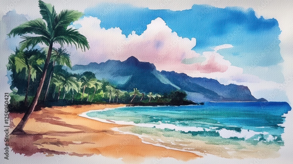 Naklejka premium Serene Tropical Beach Watercolor Painting with Palm Trees and Mountains