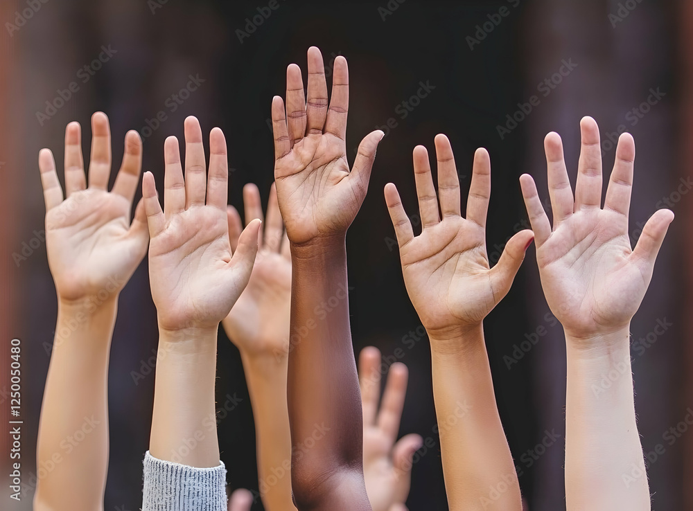 Diverse hands raised in unity, symbolizing the collective fight for human rights on Human Rights Day. Diverse hands raised in unity, symbolizing the collective fight for human rights on Human Rights Day.