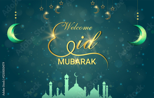 welcome eid mubarak template banner with beautiful islamic ornament with blue background design 12