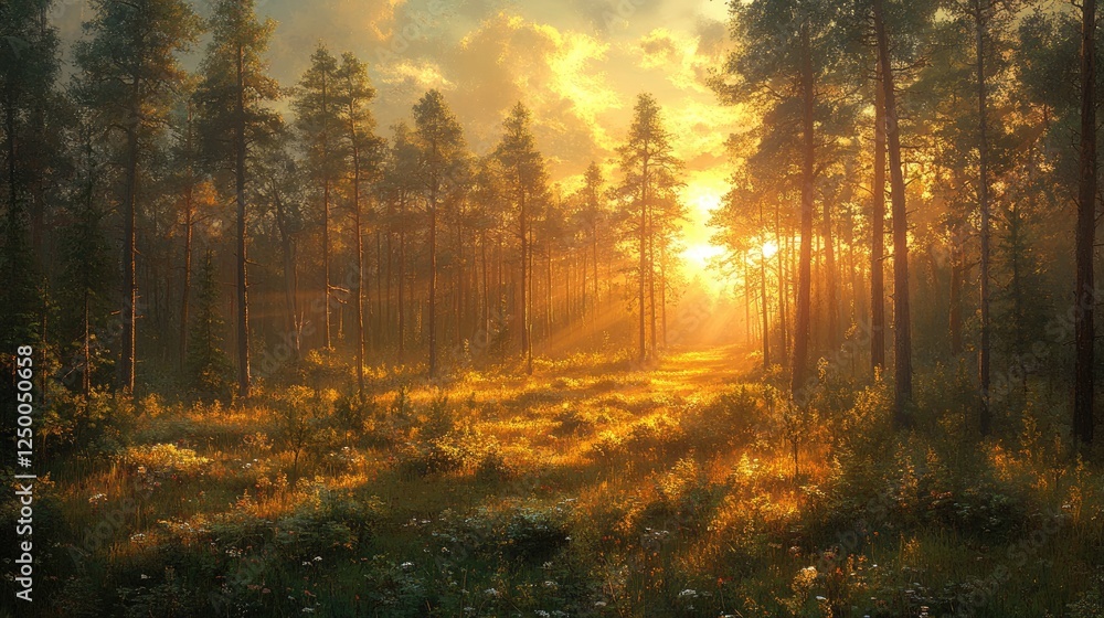 Serene forest landscape at sunset with golden light filtering through the trees and wildflowers Serene forest landscape at sunset with golden light filtering through the trees and wildflowers