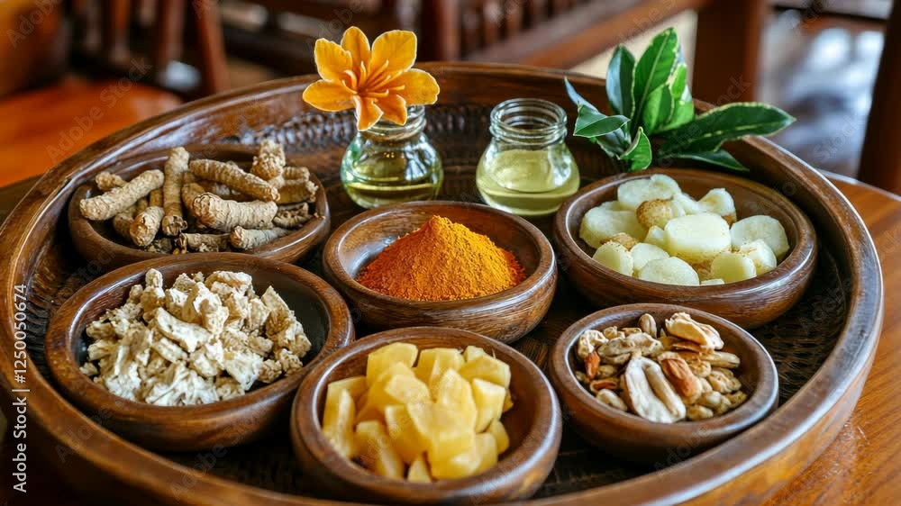 Vibrant display of traditional spices and herbs arranged in wooden bowls on a rustic tray Vibrant display of traditional spices and herbs arranged in wooden bowls on a rustic tray