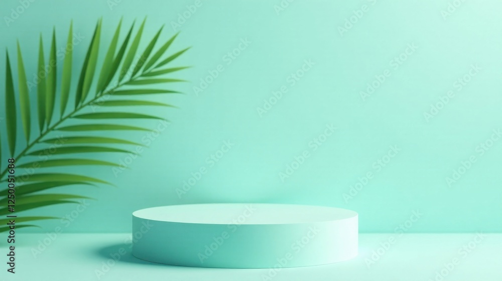 Serene Aqua Display Platform with Tropical Leaf Silhouette Serene Aqua Display Platform with Tropical Leaf Silhouette