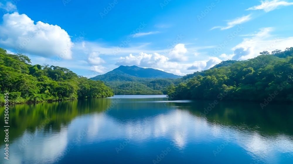 Breathtaking Scenic View of Lake Surrounded by Lush Green Mountains Under Blue Sky : Generative AI Breathtaking Scenic View of Lake Surrounded by Lush Green Mountains Under Blue Sky : Generative AI