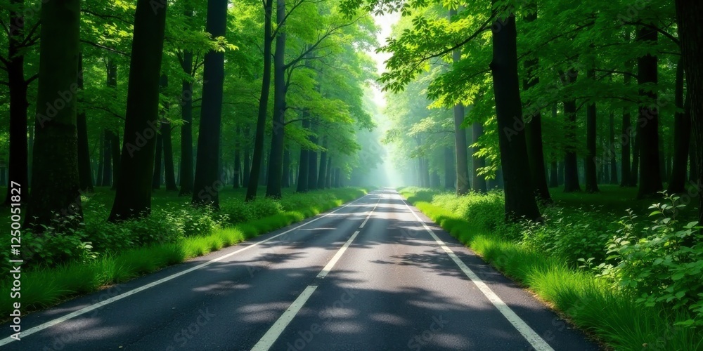 Fototapeta premium Serene Pathway Through a Lush Green Canopy of Trees on a Sunny Day