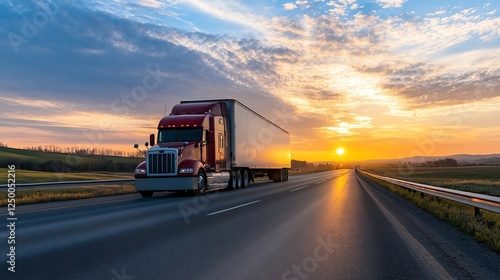 Red Freight Truck Driving on Open Highway During Dramatic Sunset Sky : Generative AI photo