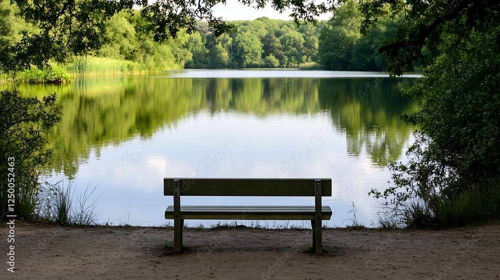 Serene View of a Bench Overlooking a Calm Lake Surrounded by Lush Greenery : Generative AI Serene View of a Bench Overlooking a Calm Lake Surrounded by Lush Greenery : Generative AI