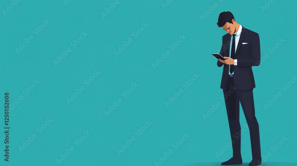 Obraz premium Businessman in Formal Attire Checking Smartphone Against a Vibrant Blue Backdrop in an Urban Setting
