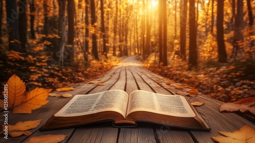 Open book autumn forest path sunset reading