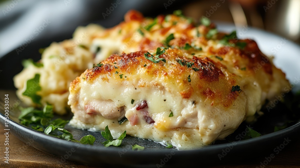 Creamy chicken breast with cheesy topping and mashed potatoes. Creamy chicken breast with cheesy topping and mashed potatoes.