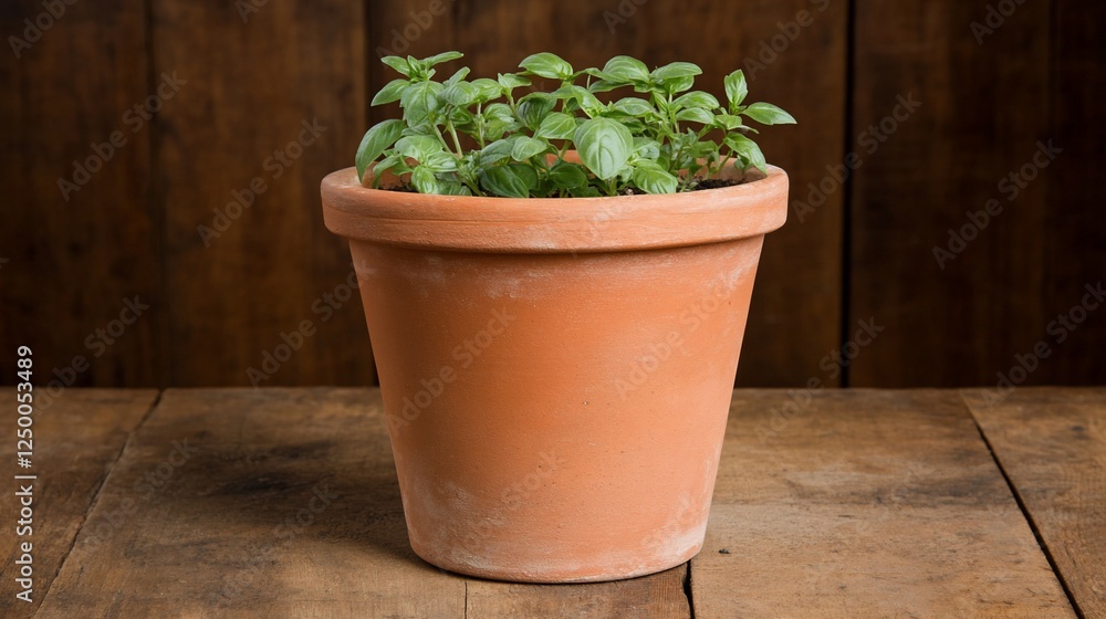 Fresh basil plant in terracotta pot, wooden background, kitchen herb Fresh basil plant in terracotta pot, wooden background, kitchen herb