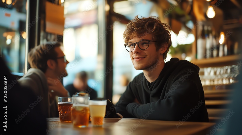 Young Man Enjoying Drinks With Friends in a Lively Cafe During a Sunny Afternoon Young Man Enjoying Drinks With Friends in a Lively Cafe During a Sunny Afternoon