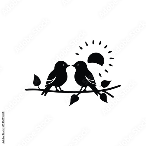 Valentine Day Love bird, tree, vector, illustration, branch, birds, nature, cartoon, spring, animal, cute, love, design, silhouette, art, leaf, animals, drawing, card, flower, wing, decoration