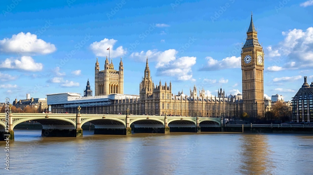 Iconic view of the Houses of Parliament and Big Ben on River Thames in London : Generative AI Iconic view of the Houses of Parliament and Big Ben on River Thames in London : Generative AI