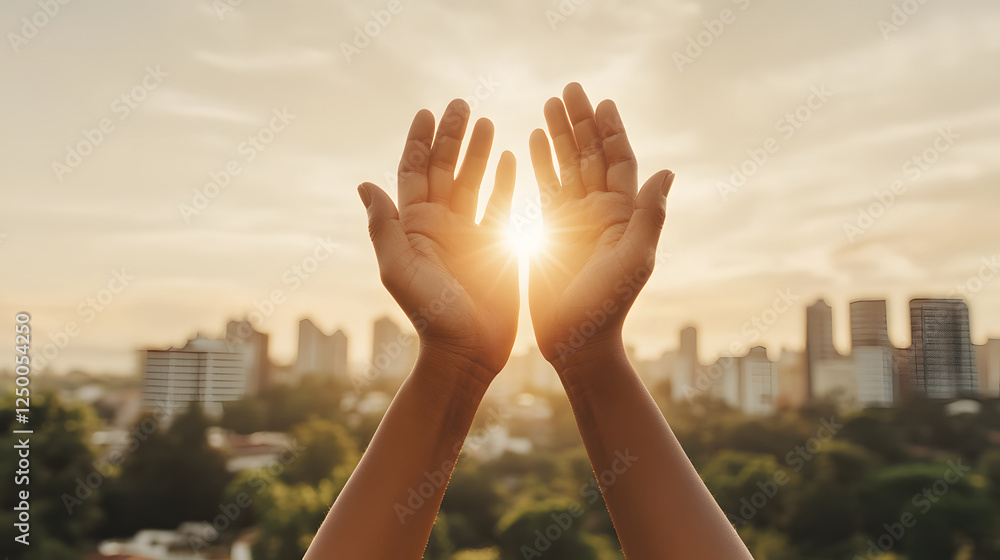Hands lifting glowing cityscape, symbolizing hope and aspiration Hands lifting glowing cityscape, symbolizing hope and aspiration