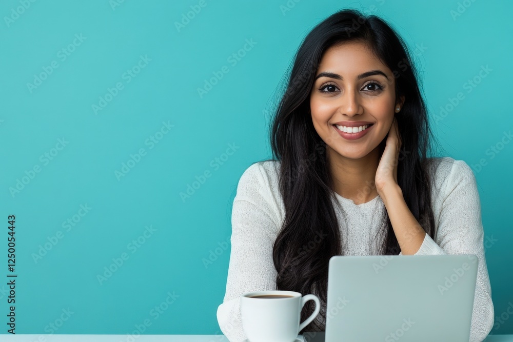 Young Woman Smiling While Working on Laptop in Bright Modern Workspace Young Woman Smiling While Working on Laptop in Bright Modern Workspace