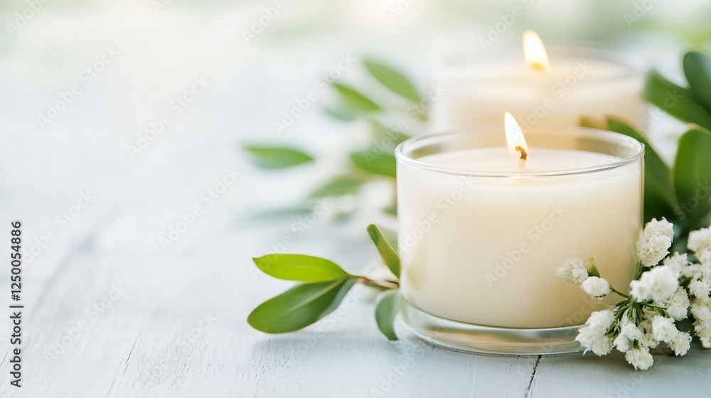 Natural Scented Candles with Greenery on a Wooden Surface : Generative AI Natural Scented Candles with Greenery on a Wooden Surface : Generative AI