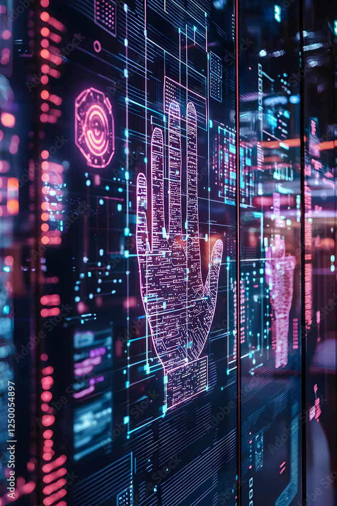 Futuristic security display showcasing advanced technologies dedicated to safeguarding sensitive data. Futuristic security display showcasing advanced technologies dedicated to safeguarding sensitive data.