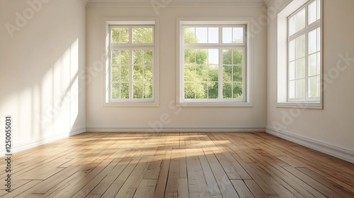 Bright and Airy Empty Room with Large Windows and Wooden Floor in Natural Light   Generative AI
