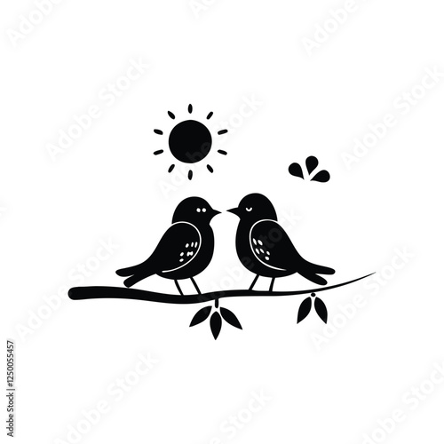 Valentine Day Love bird, tree, vector, illustration, branch, birds, nature, cartoon, spring, animal, cute, love, design, silhouette, art, leaf, animals, drawing, card, flower, wing, decoration