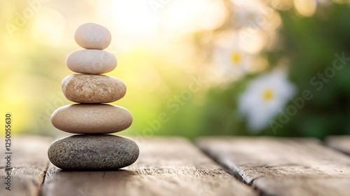 Balanced stones stack on wooden table with soft natural highlight background : Generative AI