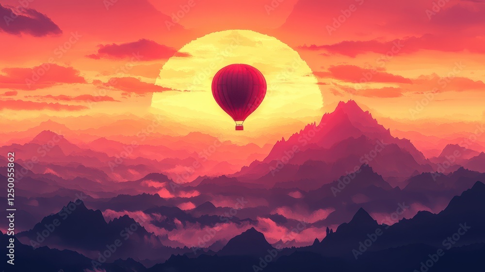 Fototapeta premium Hot air balloon soars above misty mountains at sunset, vibrant colors. Perfect for travel, adventure, freedom, and inspirational designs.